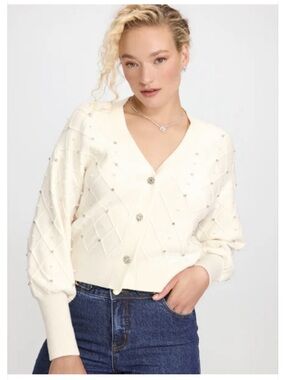 Broadway 38 Ivory Pearl Beaded V‑Neck Button-up Knit Cardigan Sweater
